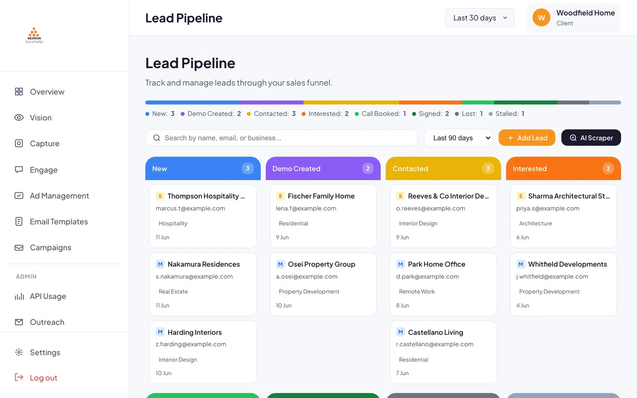 Lead Pipeline: 6-stage kanban board showing named leads and where each sits in your sales process