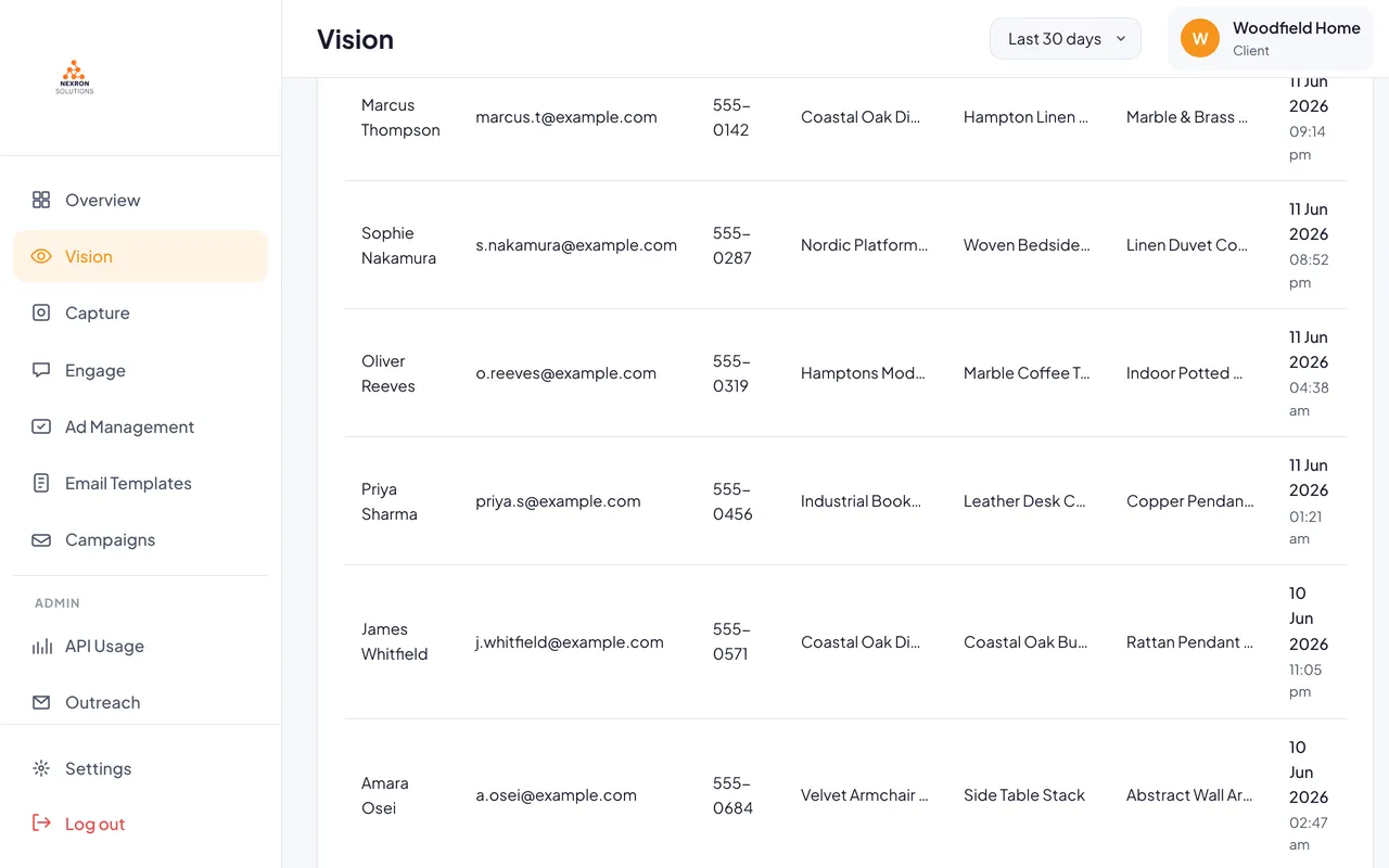 Lead Detail view: a lead's name, contact details, and the exact products they visualized with session timestamps