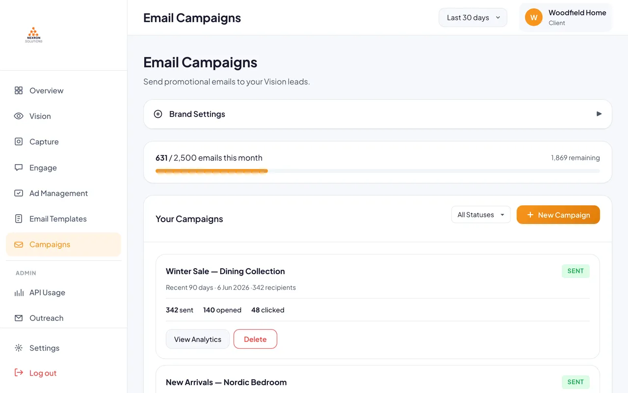 Email Campaigns (Pro tier): create and send campaigns to your captured lead list, AI-assisted editor included