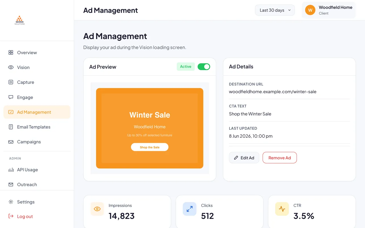 Ad Slots (Pro tier): your branded ad shown to leads in the AI loading screen while their visualization generates